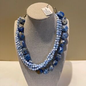 NEW WITH TAG Statement Hand-Knotted, Multi-Stranded Beaded Necklace in Blue